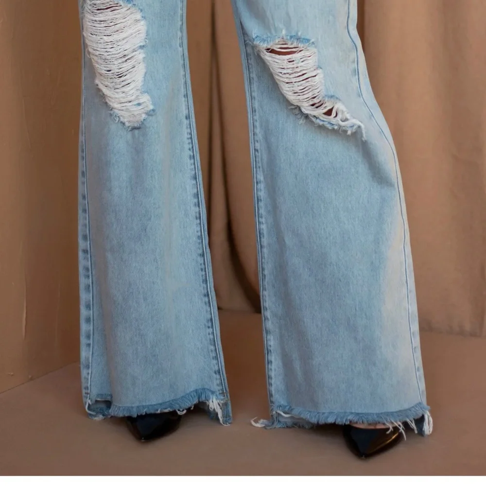 By Egreis Archie Jean Women Large Blue Denim Wide Leg High Waist Crisscross NEW - Picture 15 of 15